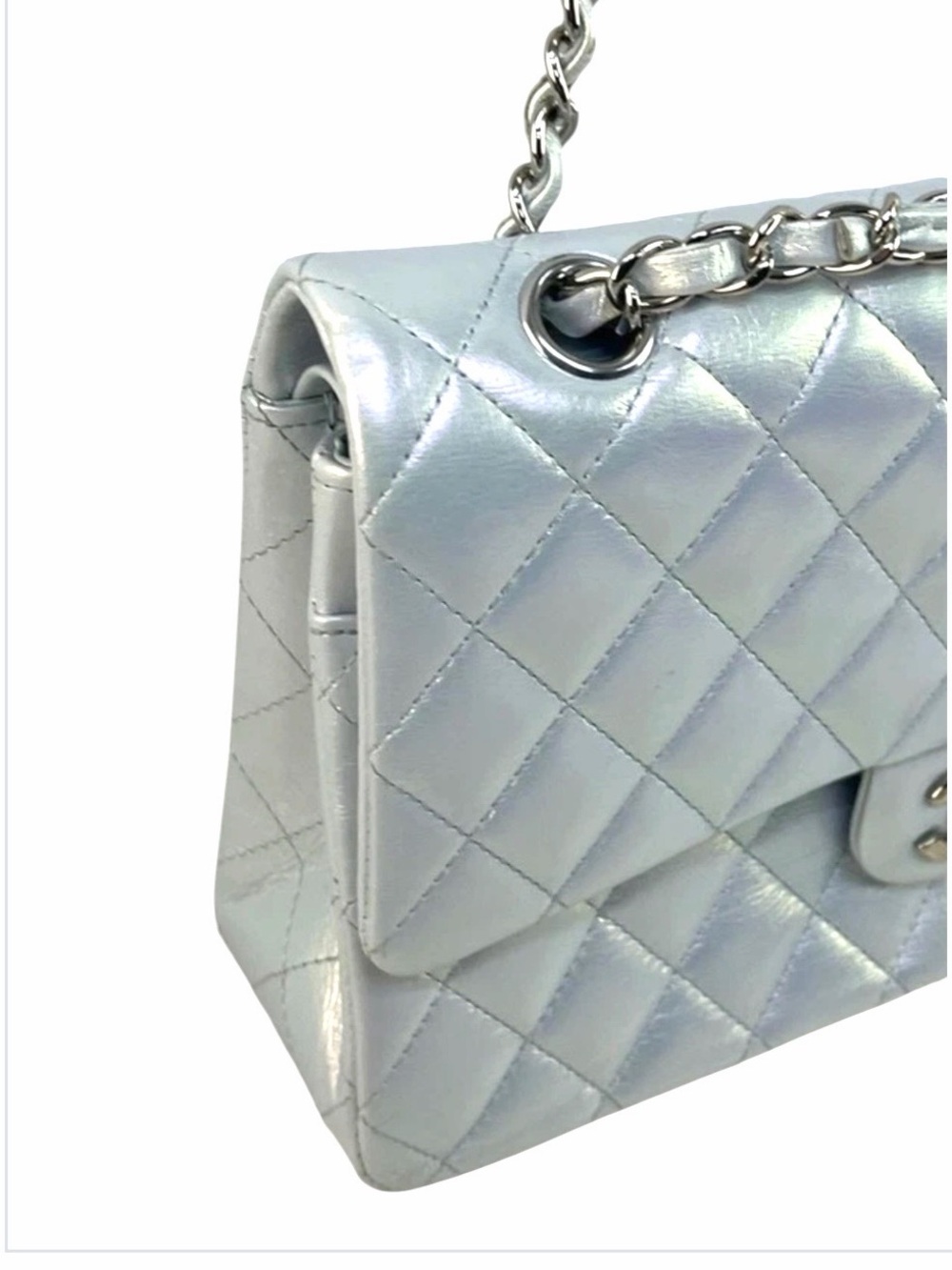 CHANEL Iridescent Light Blue Classic Double Flap Medium Silver Hardware Rare - Picture 4 of 8